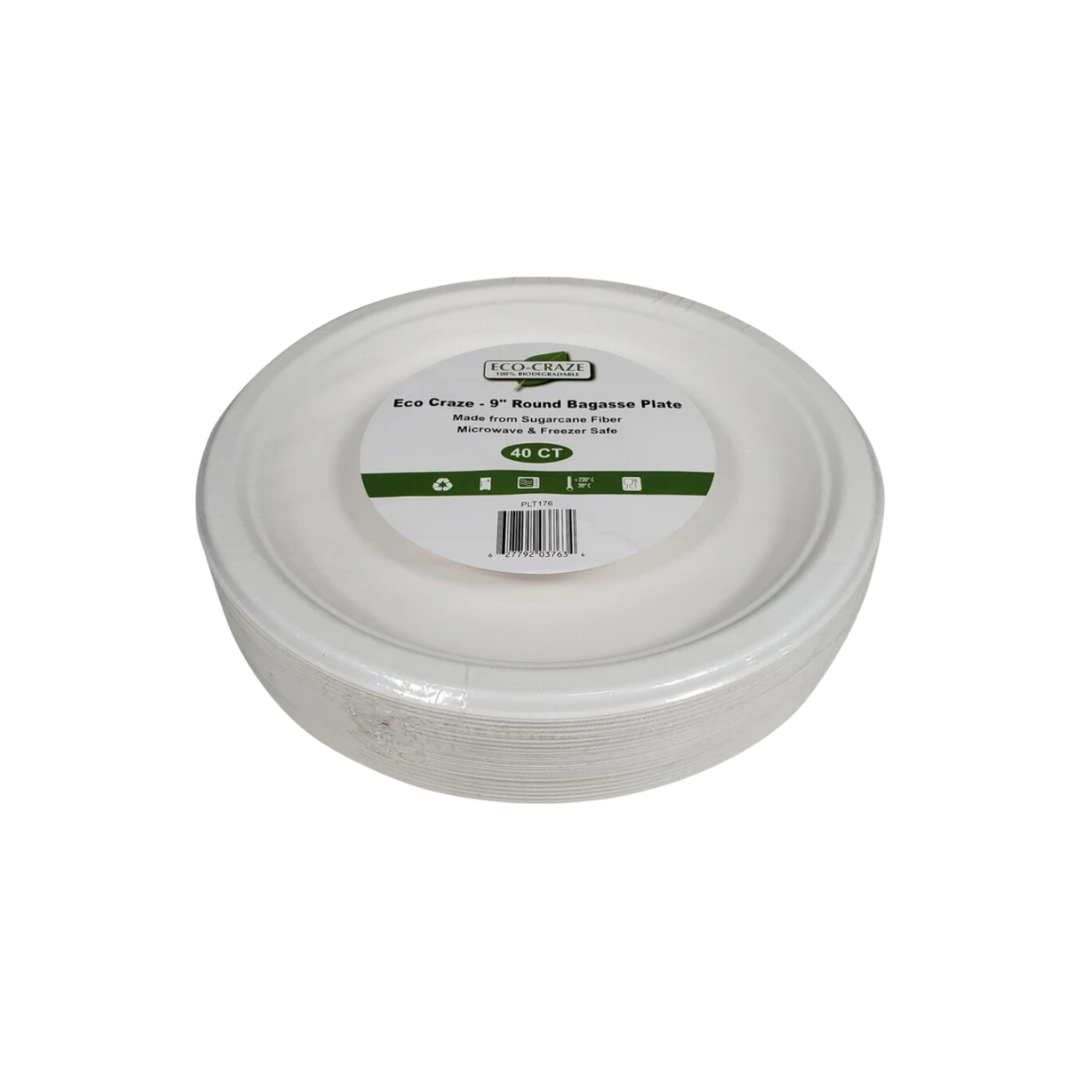 Eco-Craze - 9" Round Bagasse Plate - Retail Pack - 10x40ct
