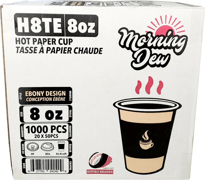 Morning Dew - 8oz Hot Paper Cups - Ebony Print - H8TE - 20x50ct