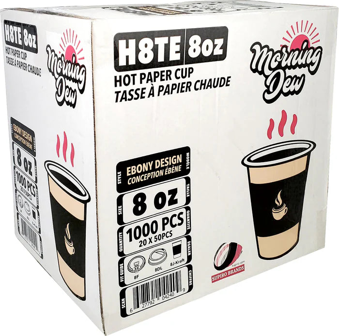 Morning Dew - 8oz Hot Paper Cups - Ebony Print - H8TE - 20x50ct