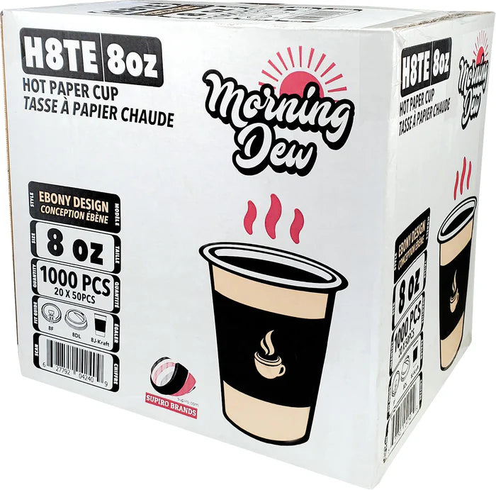 Morning Dew - 8oz Hot Paper Cups - Ebony Print - H8TE - 20x50ct