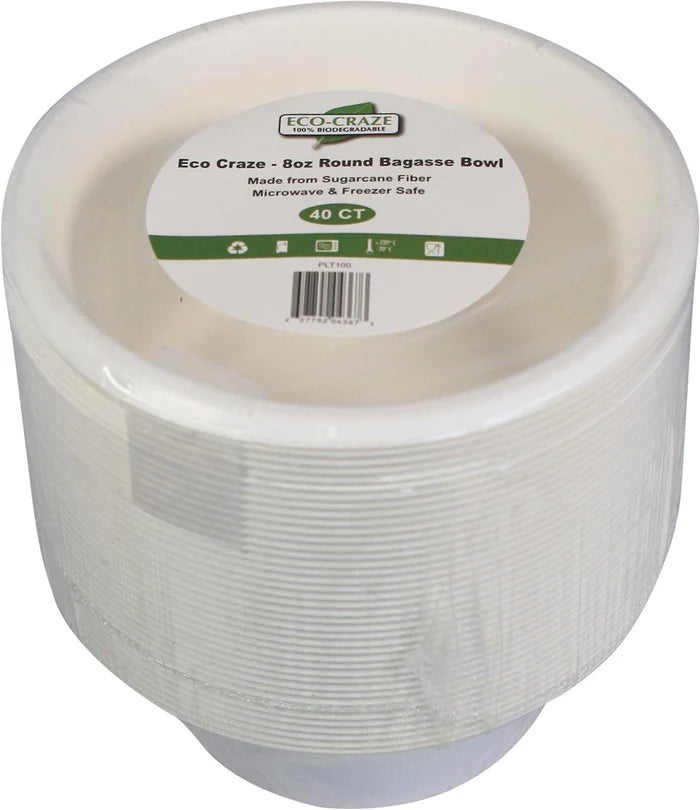 Eco-Craze - 8oz Round Bagasse Bowl - Retail Pack - 12x40ct