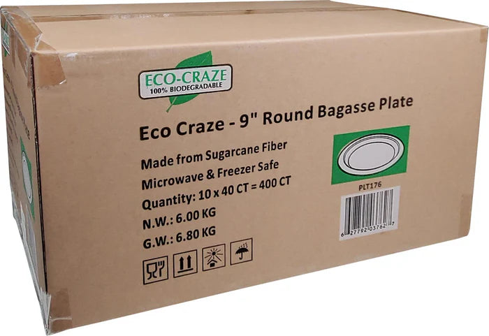 Eco-Craze - 9" Round Bagasse Plate - Retail Pack - 10x40ct