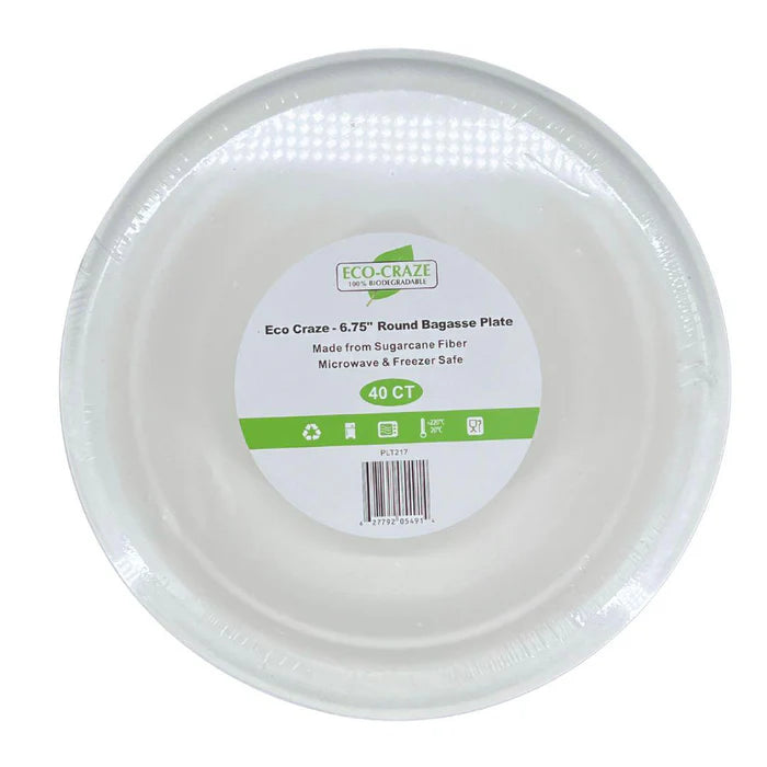 Eco-Craze - 6.75" Round Bagasse Plate - Retail Pack - 10x40ct